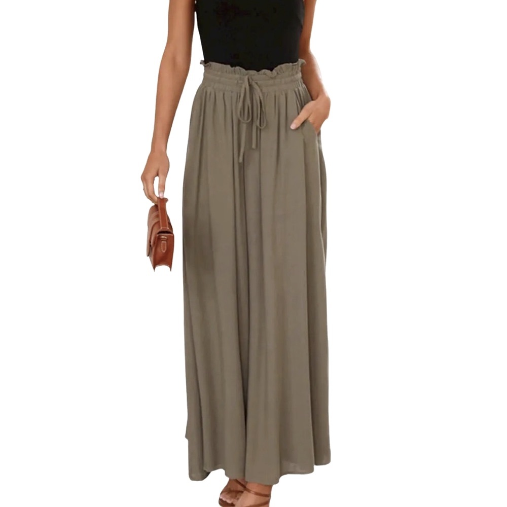 High Waist Wide Leg Palazzo Culottes Loose Pants Womens Small Olive Green Tan